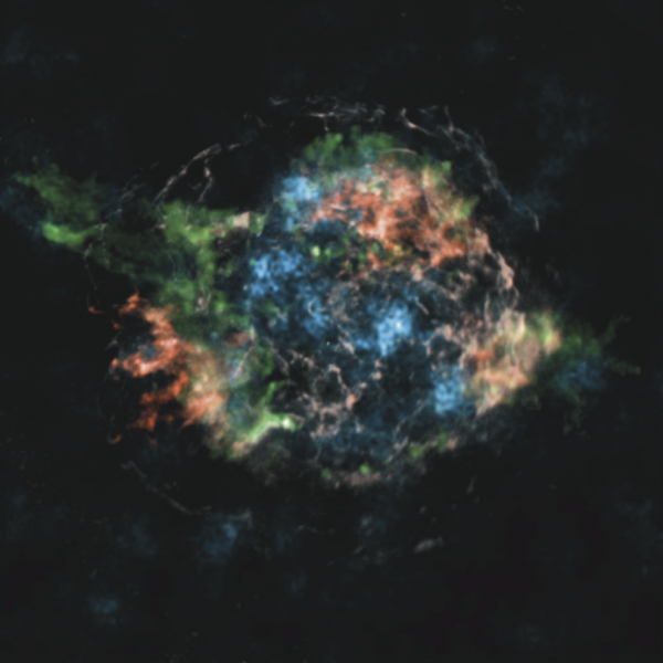 Observation of Cassiopeia A.  Green shows 44Ti distribution, blue is 28Si, and the red shows the Fe distribution.  (From Grefenstette et al 2014)